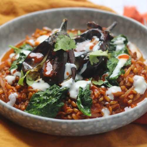 Harissa Roasted Baby Aubergines with Red Pepper Freekeh