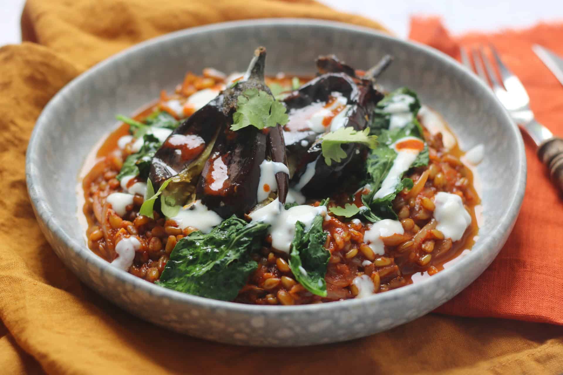 Harissa Aubergines on Red Pepper Freekeh