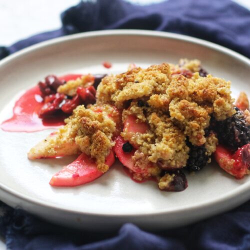 Hedgerow crumble made with foraged blackberries, elderberries, damsons and applies