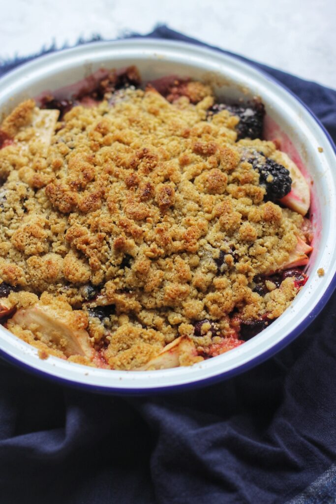 Hedgerow crumble made with foraged blackberries, elderberries, damsons and applies