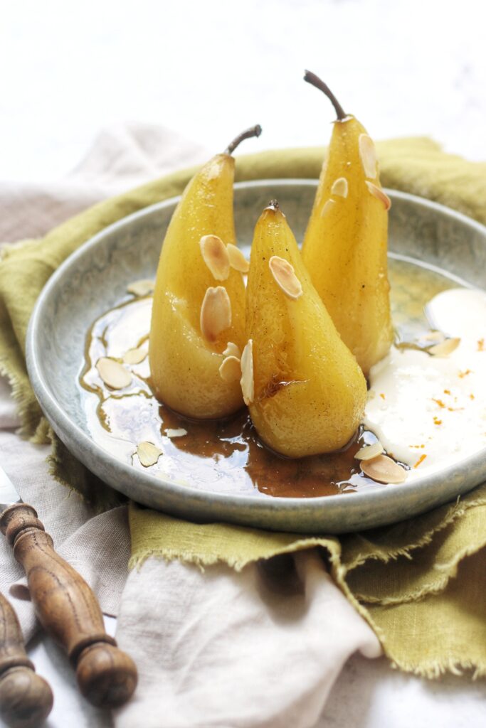 Sweet and Spicy Poached Pears with Toasted Almonds