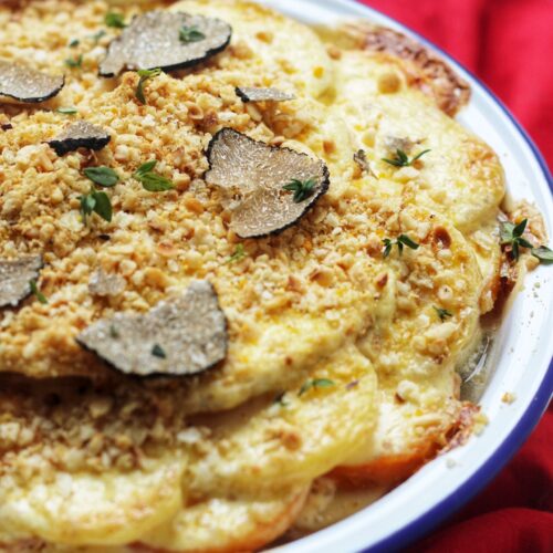 Truffled Root Vegetable Gratin with Cobnut and Thyme Crumb