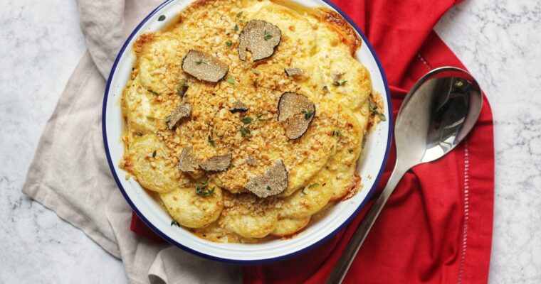 Truffled Root Vegetable Gratin with Cobnut and Thyme Crumb