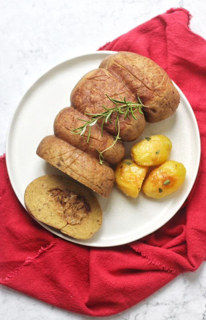 Seitan Stuffed Turkey Roast with potatoes