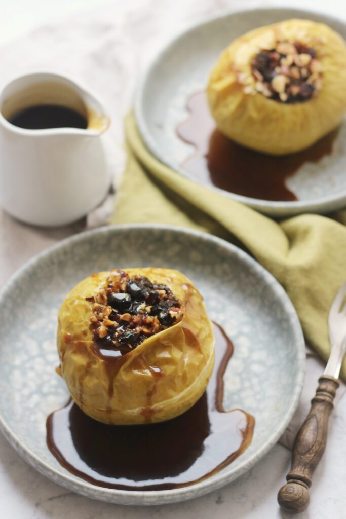 Fruit and Nut Stuffed Baked Apples served with Caramel Sauce