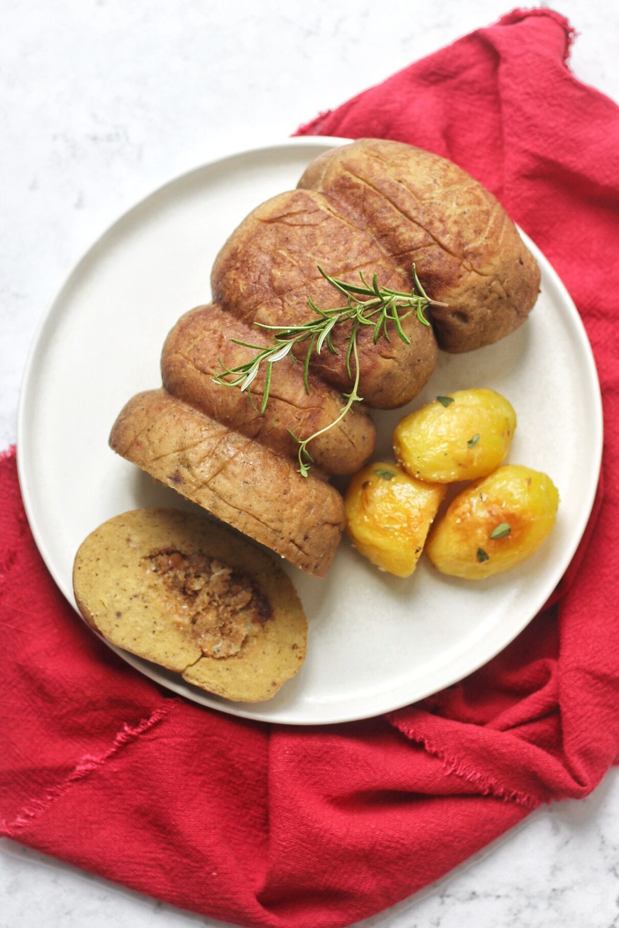 Seitan Stuffed Turkey Roast with potatoes