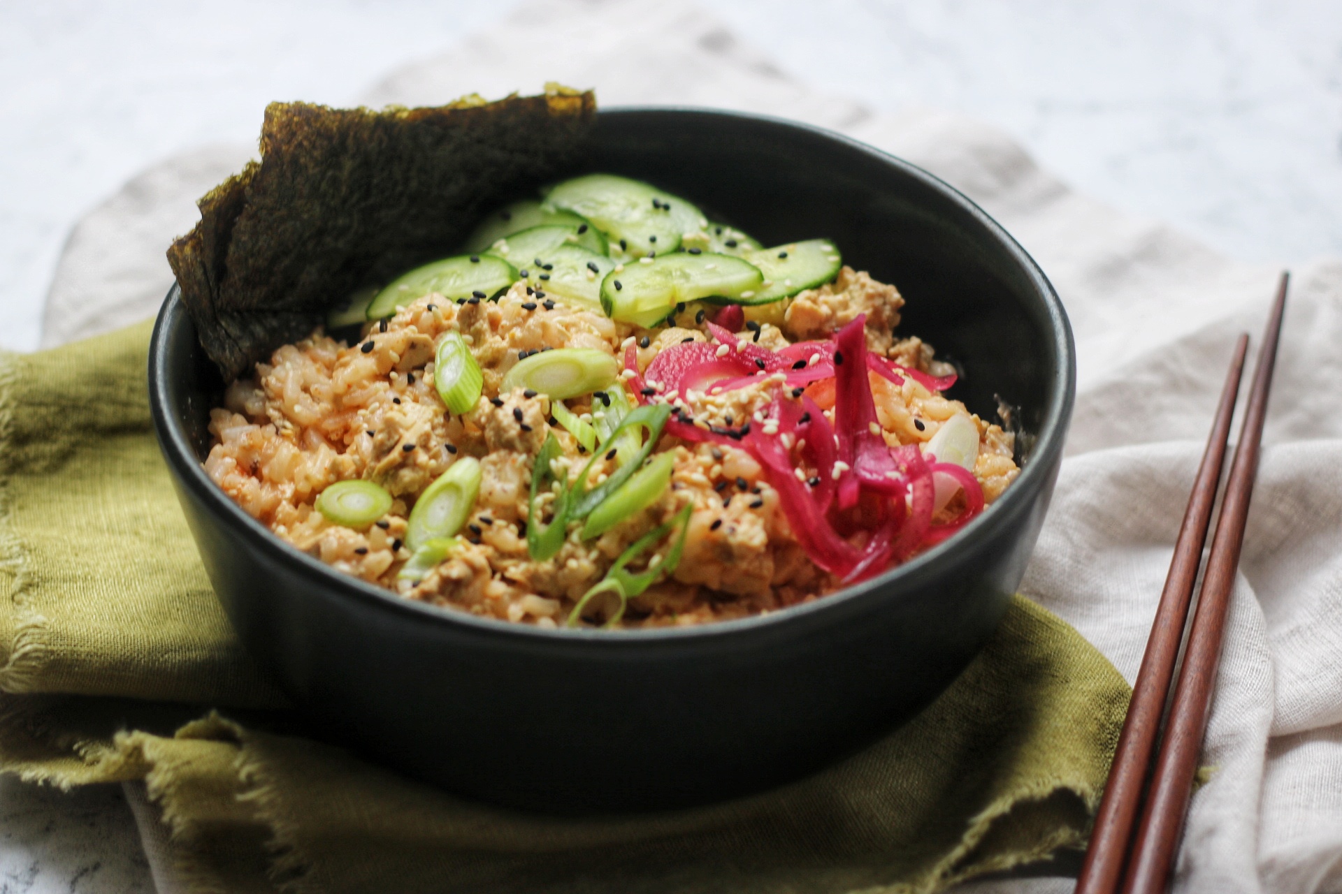 Flaky Tofu “Salmon” and Rice Bowl