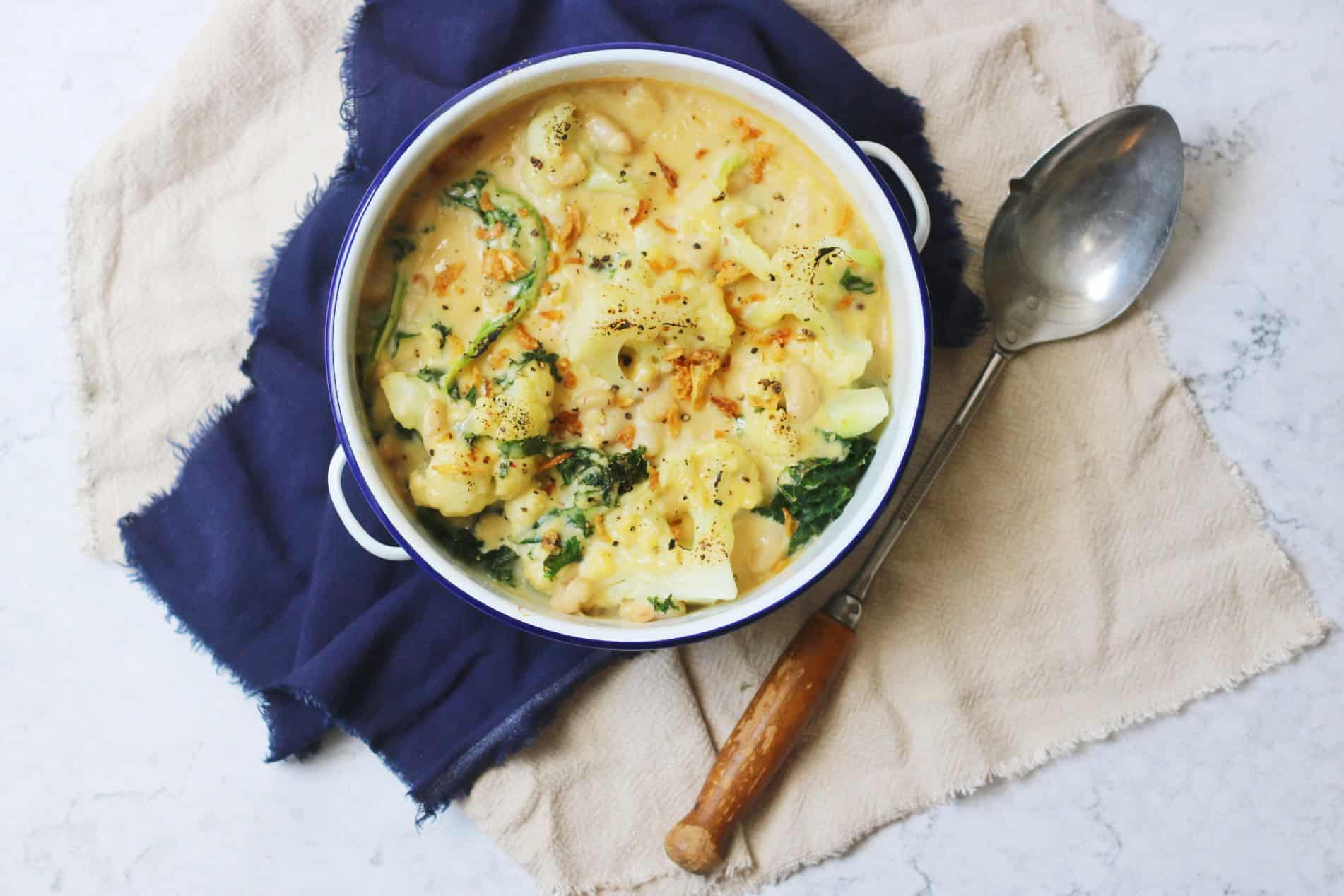 Vegan Kale and Cannellini Bean, Cauliflower Cheese Gratin