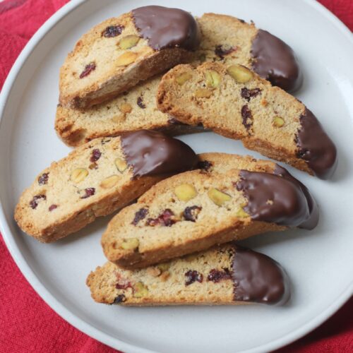 Vegan Cranberry and Pistachio Biscotti on a plate