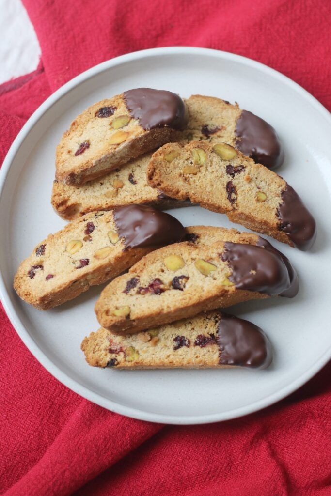 Vegan Cranberry and Pistachio Biscotti on a plate