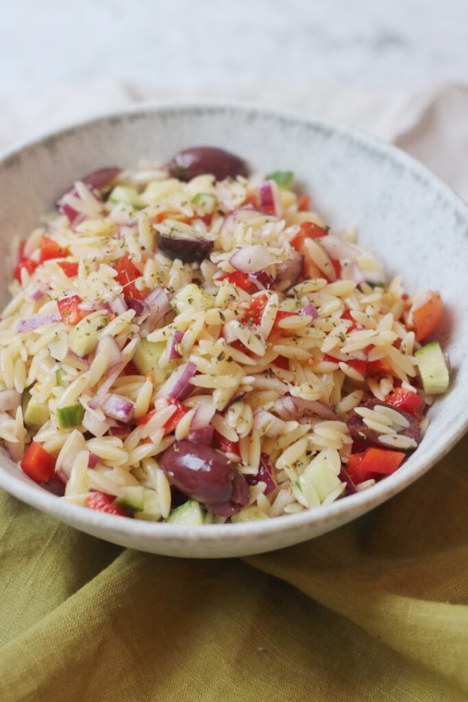 Vegan Greek Orzo Salad in a bowl