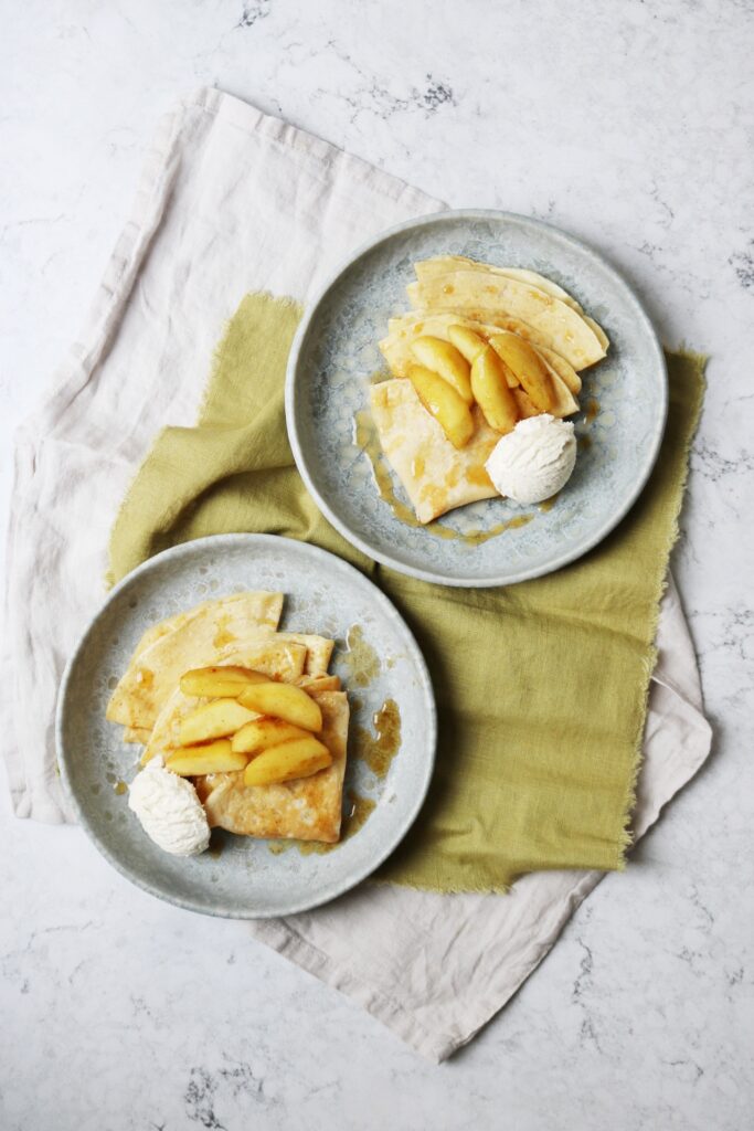 Vegan Caramelised Apple Crepes served with ice cream