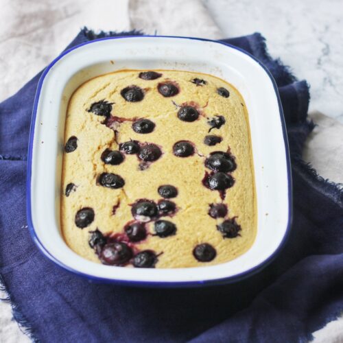 Vegan Blueberry Baked Oats in an oven dish