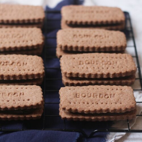 Vegan Bourbon Biscuits on a wire rack