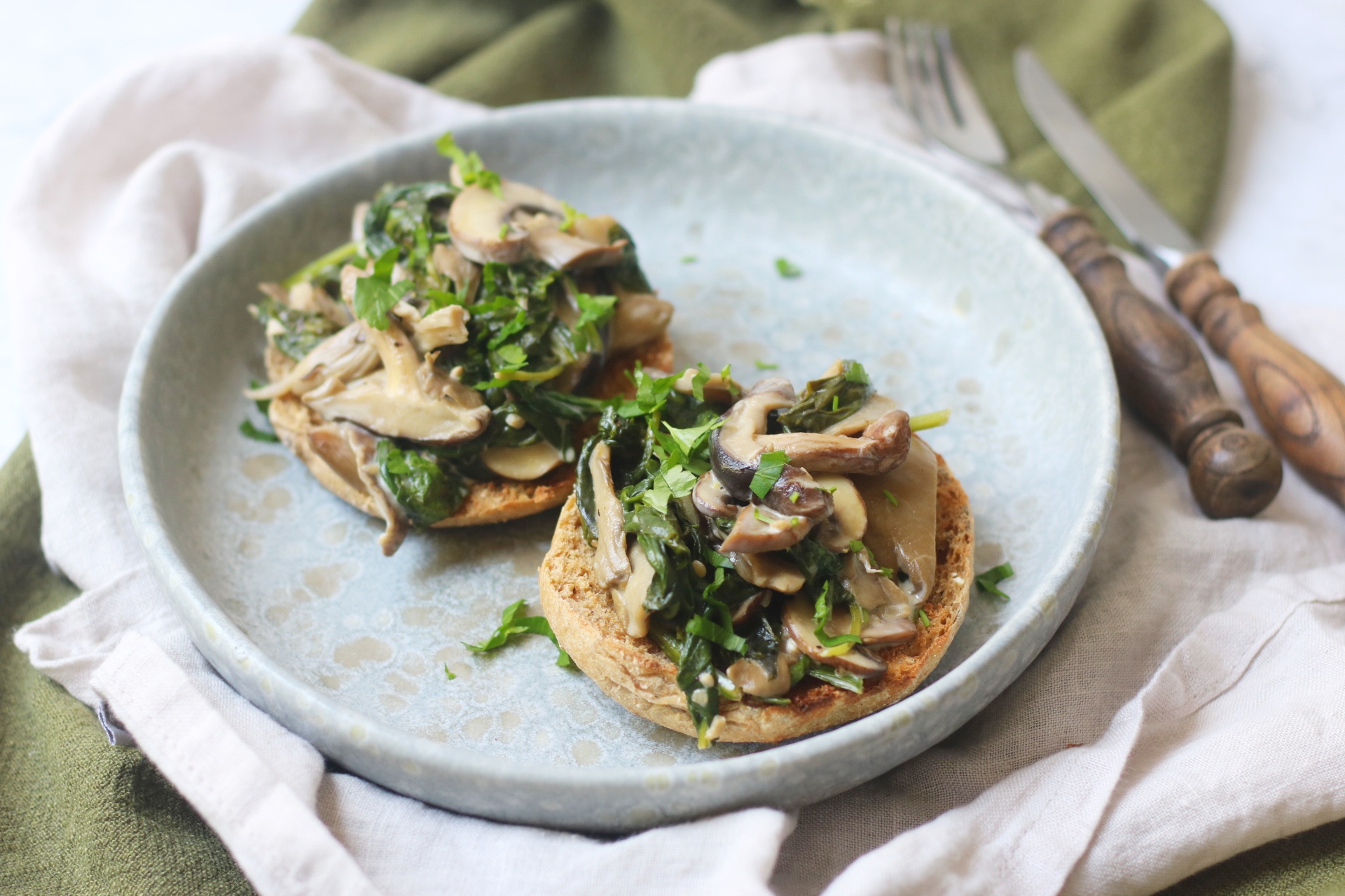 Vegan Creamy Mushroom and Spinach English Muffins