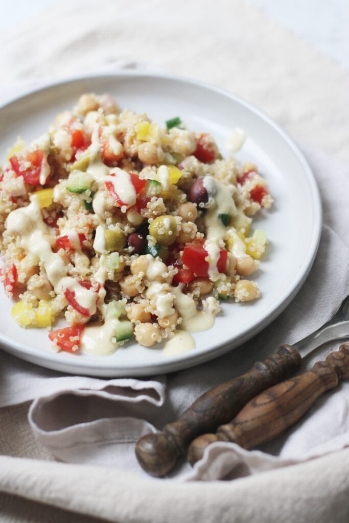 Vegan Mediterranean Quinoa Salad with Hummus Dressing