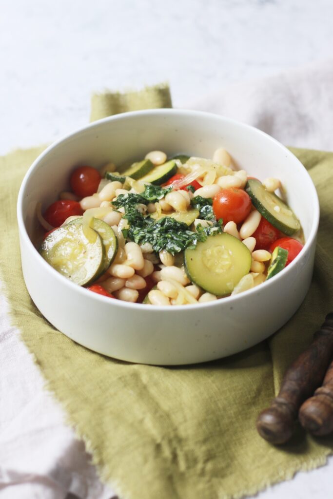 Braised Courgette and Tomato Cannellini beans with pistou