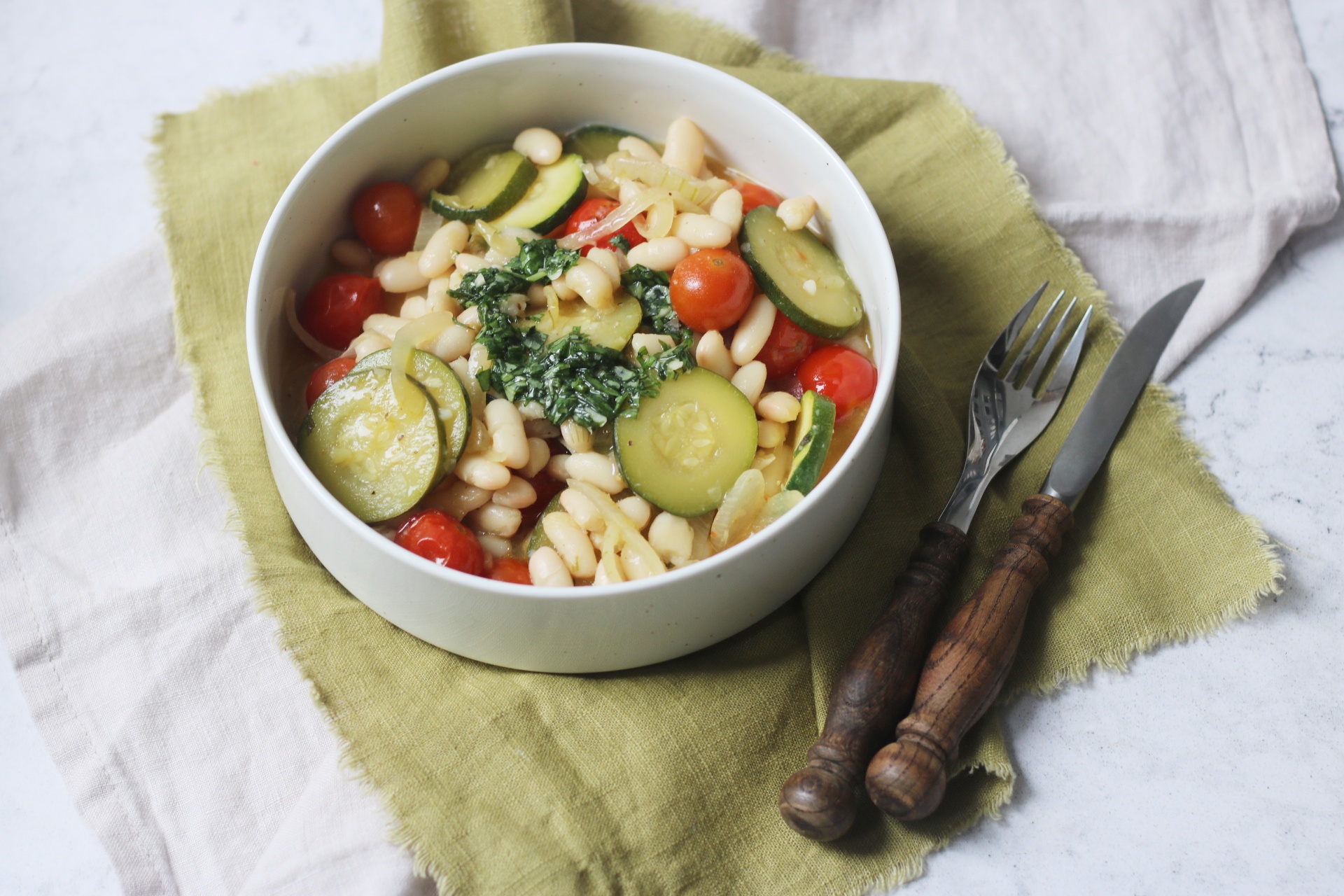Braised Courgette and Tomato Cannellini Beans with pistou