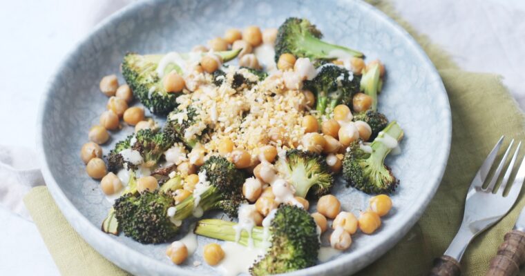 Roasted Broccoli and Chickpea Caesar Salad
