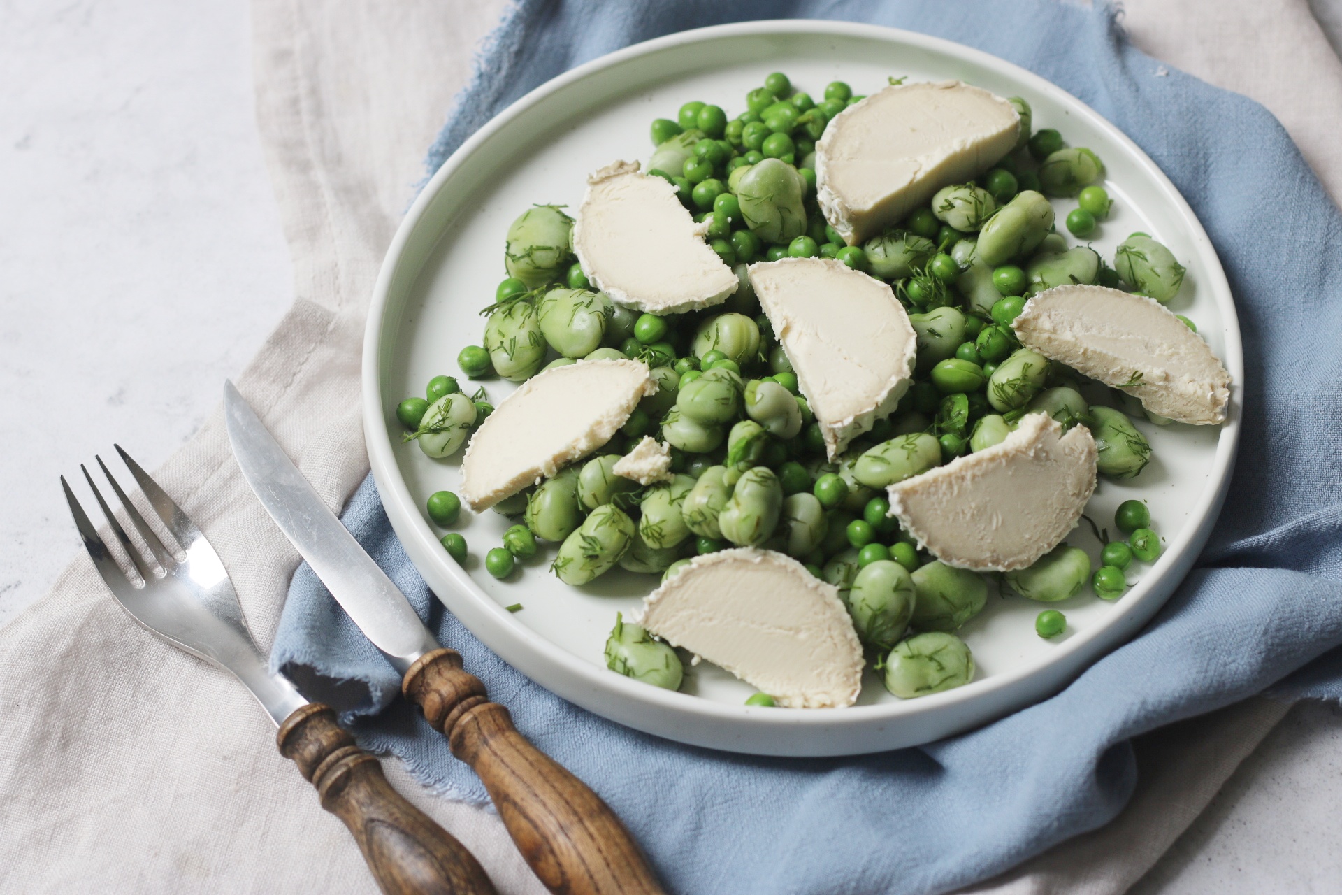 Pea, Broad Bean and Vegan Goats Cheese Salad