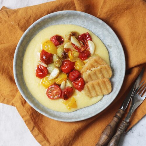 Roasted Tomato Polenta with Vegan Halloumi