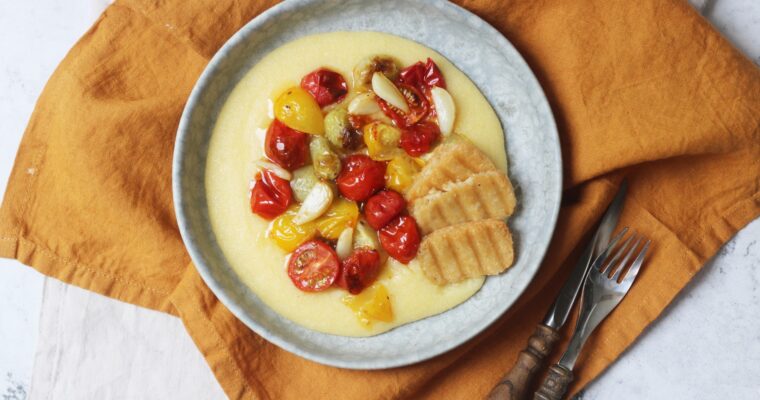 Roasted Tomato Polenta with Vegan Halloumi