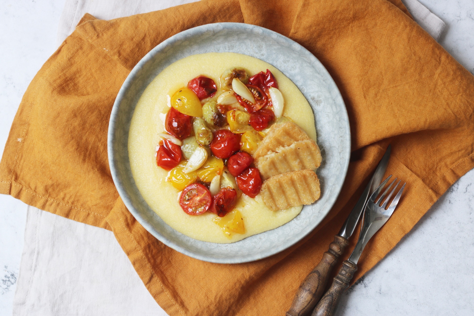 Roasted Tomato Polenta with Vegan Halloumi