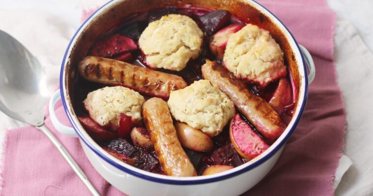 Vegan Beetroot, Apple and Sausage Stew with Dumplings