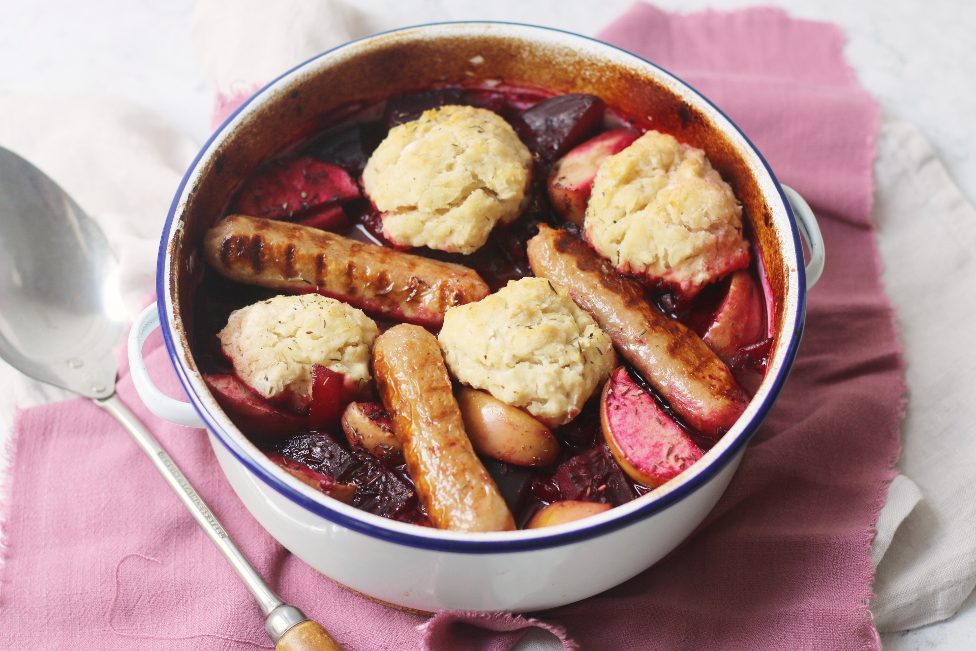 Vegan Beetroot, Apple and Sausage Stew with Dumplings