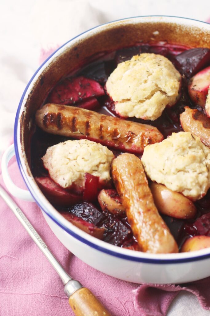 Vegan Beetroot, Apple and Sausage Stew