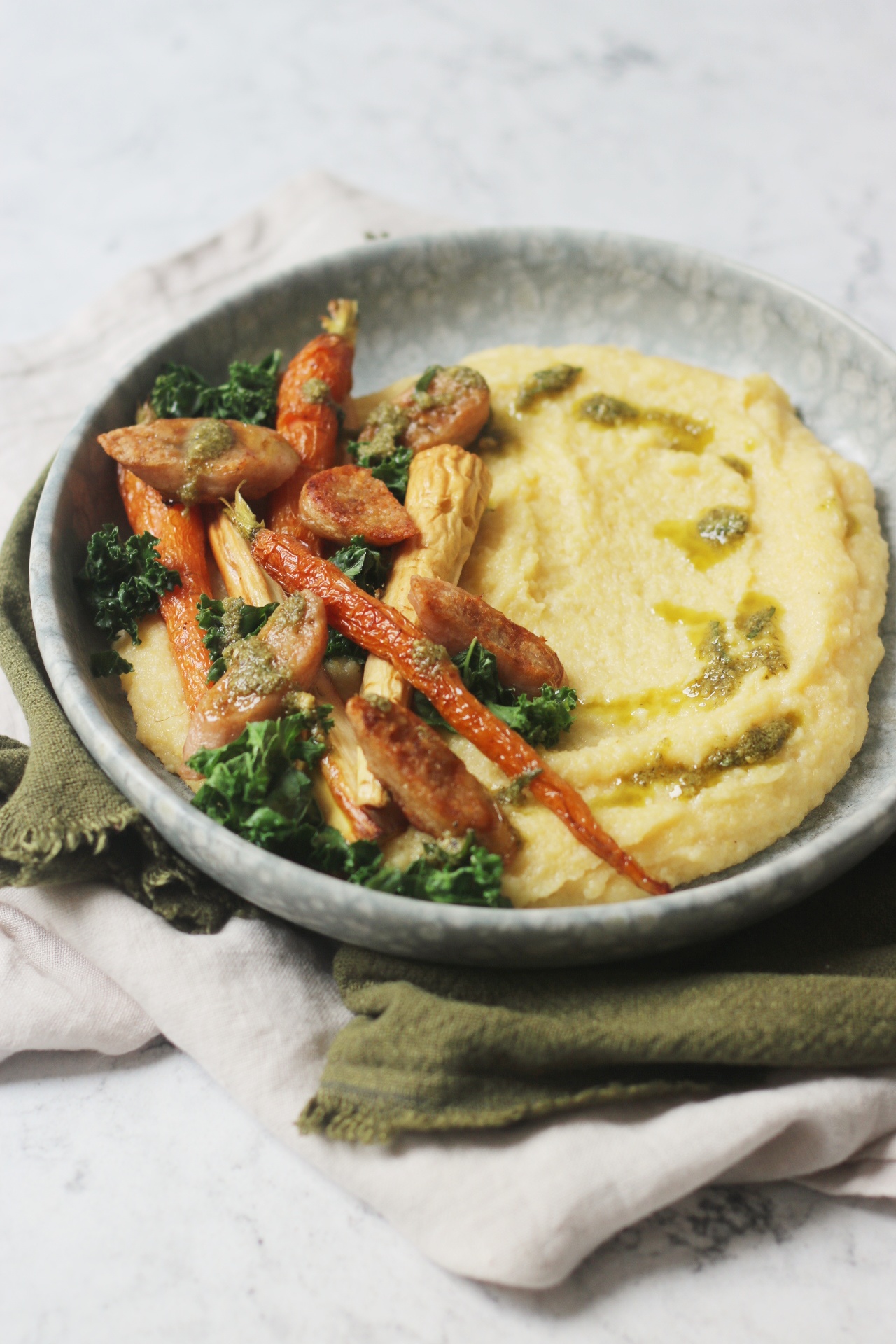 Vegan Sausage and Roasted Vegetables with Creamy Polenta