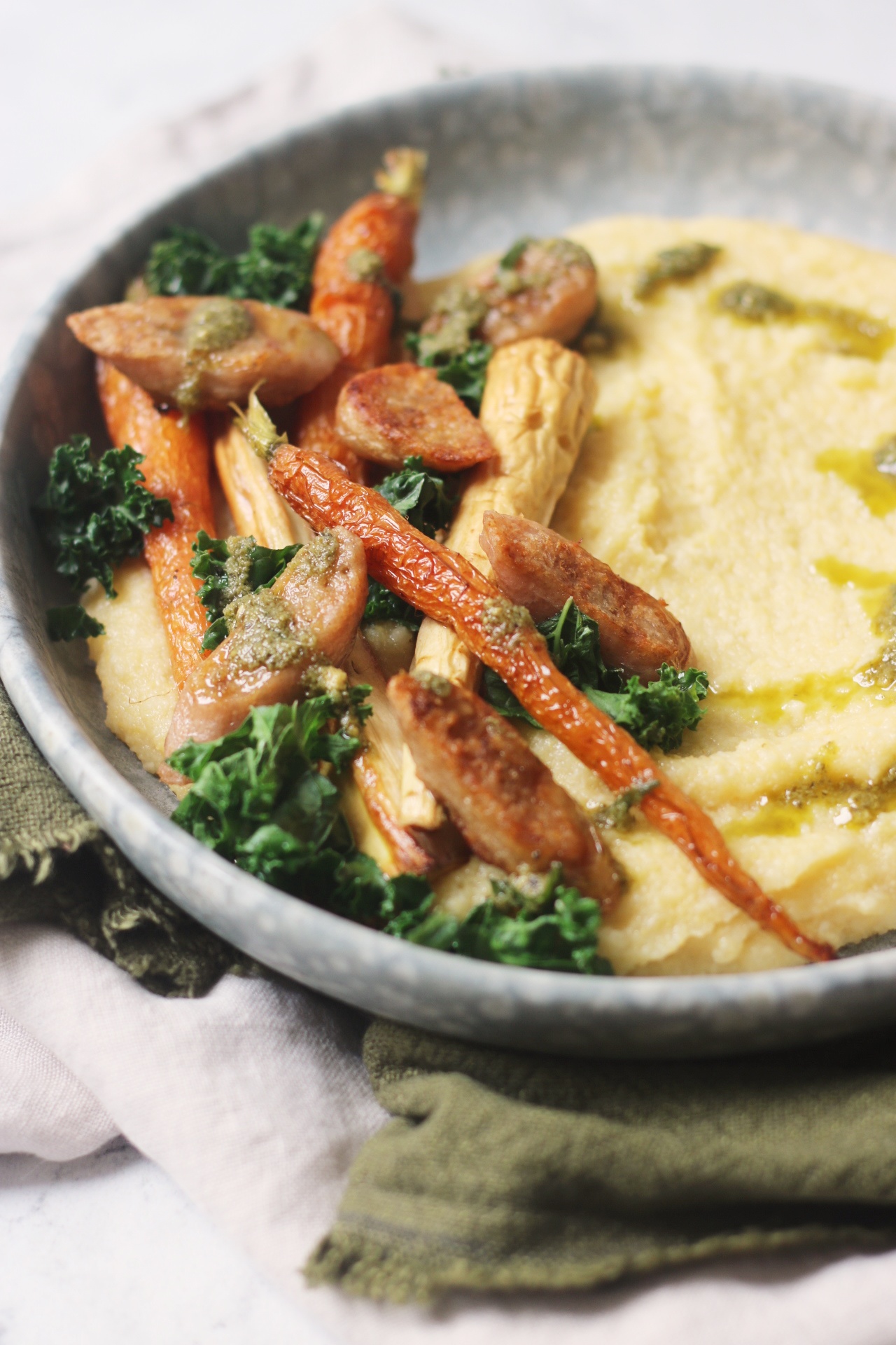 Vegan Sausage and Roasted Vegetables with Creamy Polenta