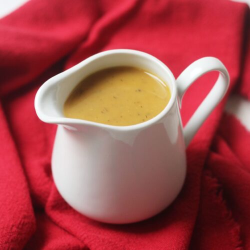 A jug of vegan cider gravy