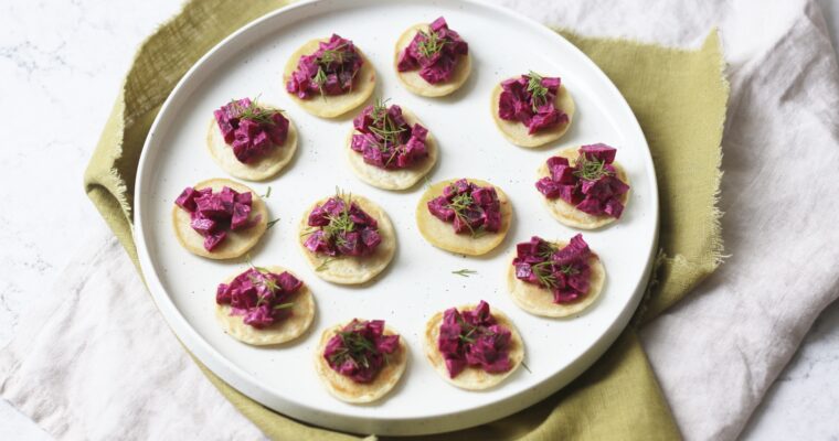 Vegan Creme Fraiche, Beetroot and Dill Blinis