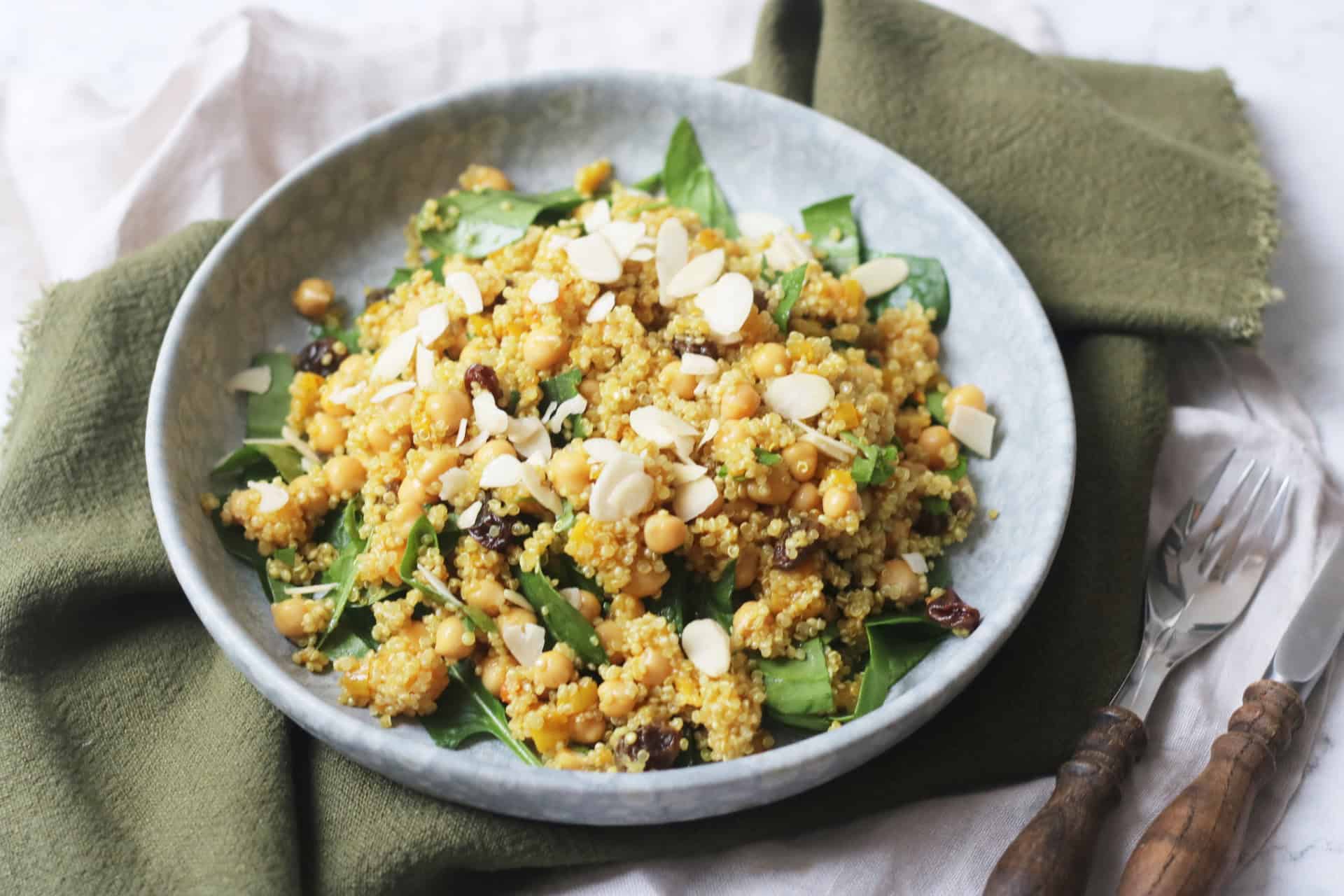 A plate of Vegan Moroccan Inspired Chickpea and Quinoa Salad