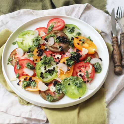 Heritage Tomato Salad with Salsa Verde and Balsamic Pearls