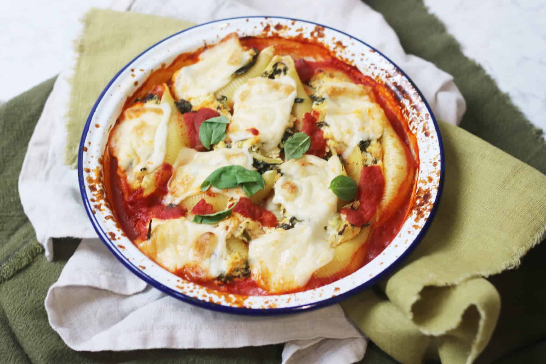 An oven dish of Vegan Spinach and Ricotta Stuffed Pasta Shells