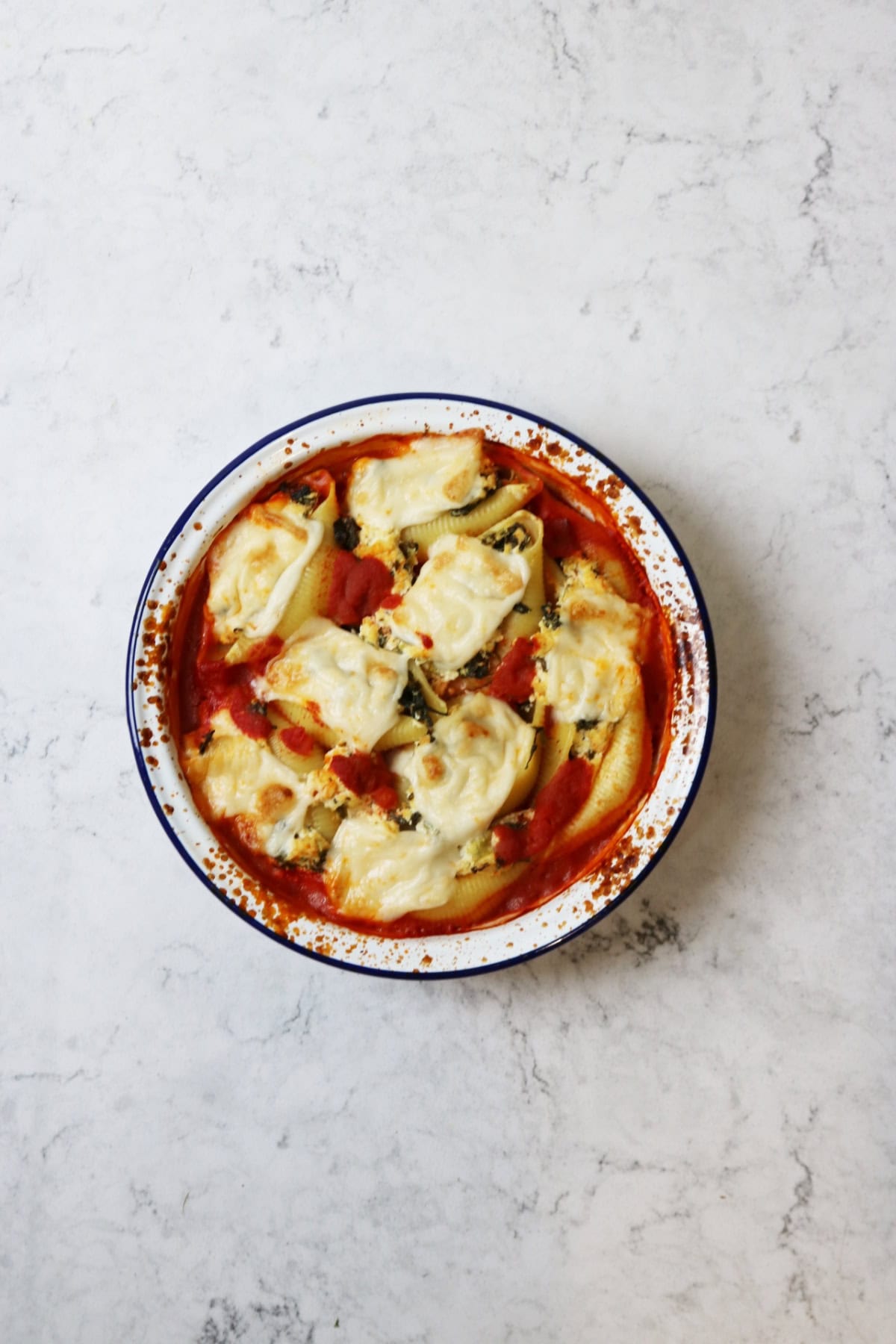 An oven dish of Vegan Spinach and Ricotta Stuffed Pasta Shells