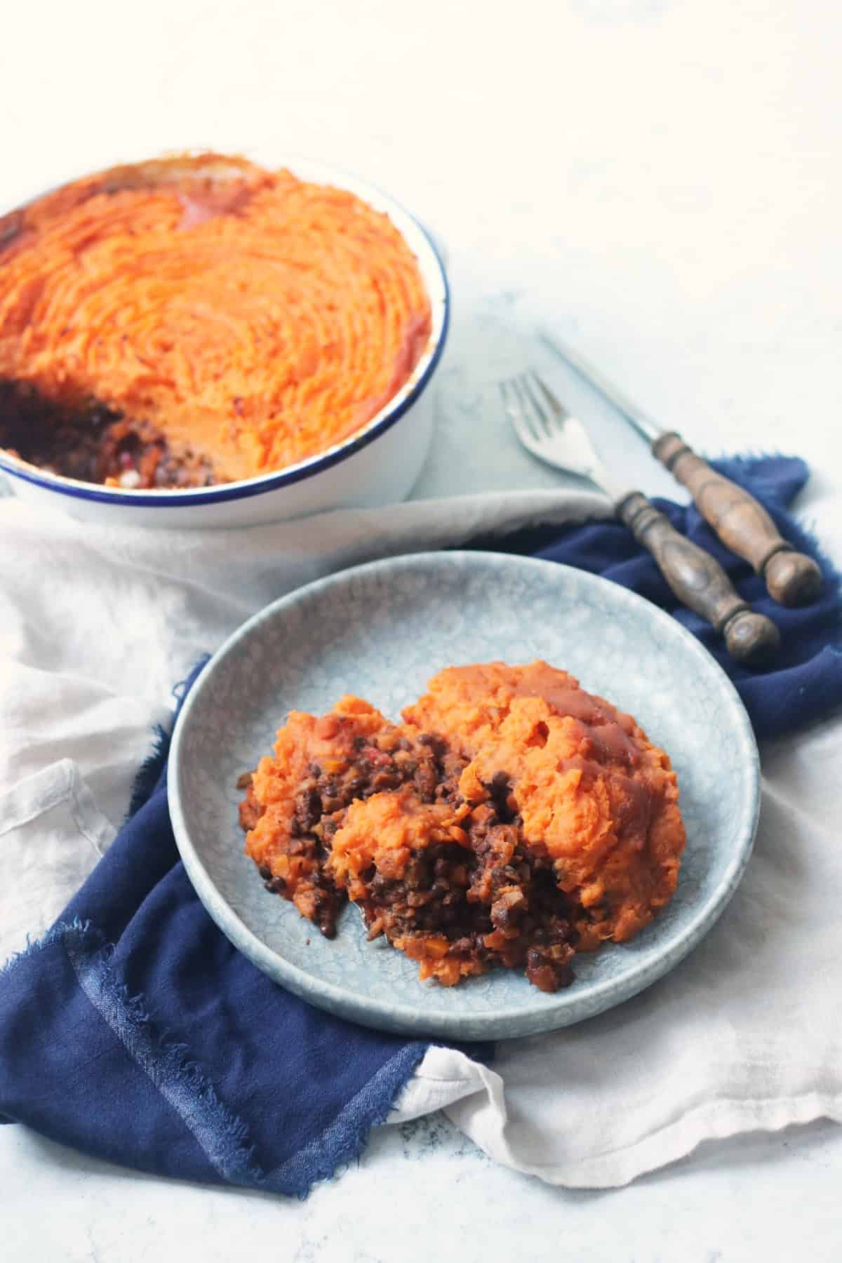 Puy Lentil and Sweet Potato Pie on a plate
