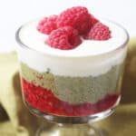 Vegan Matcha and Raspberry Chia Pudding in a glass bowl