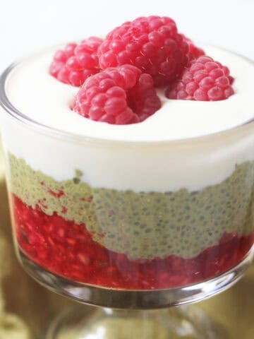 Vegan Matcha and Raspberry Chia Pudding in a glass bowl