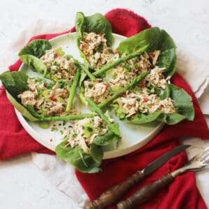 Vegan crab salad with asparagus and chilli served in lettuce cups