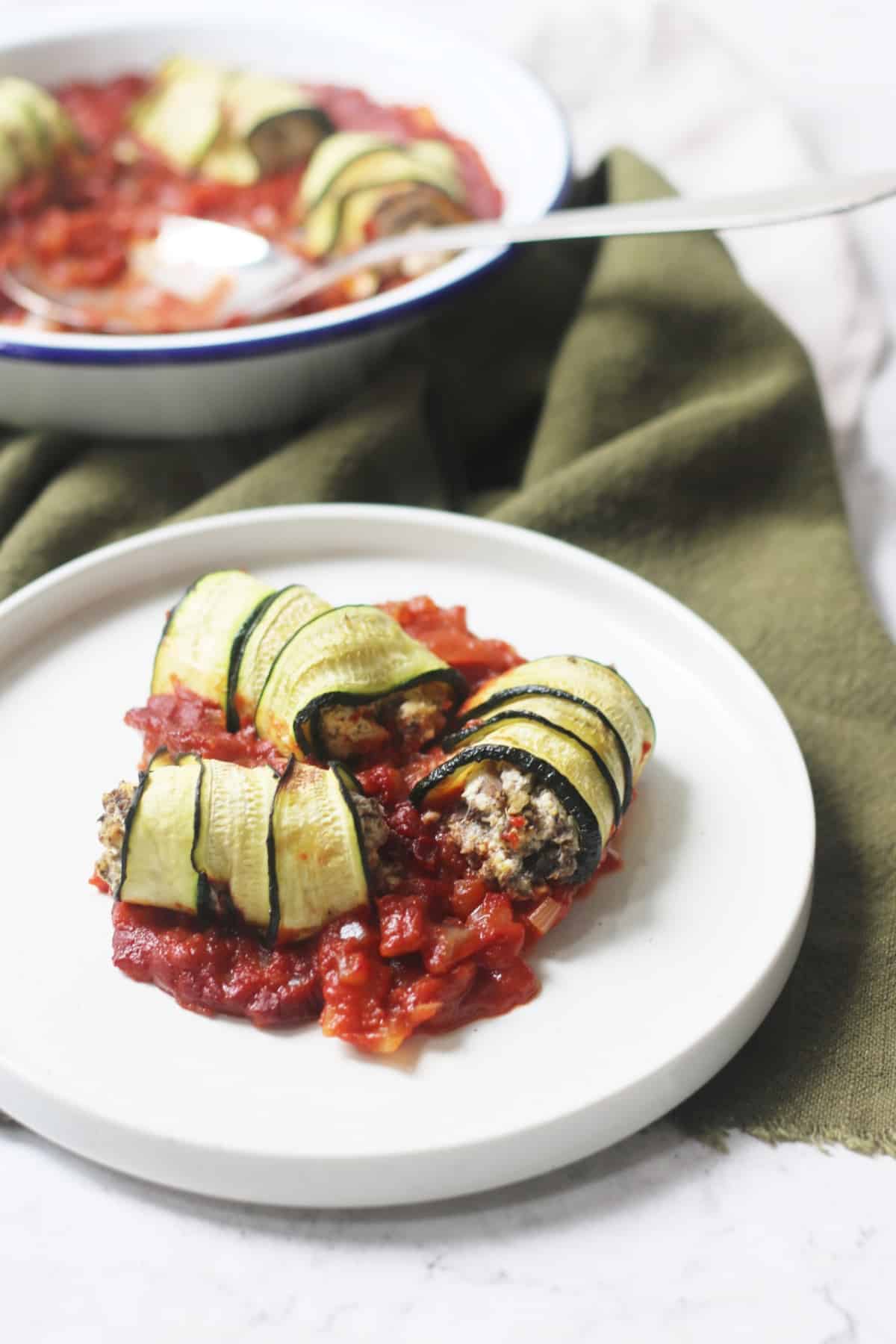 A portion of Vegan Courgette and Mushroom Involtini served on a plate