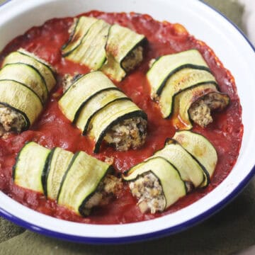 Baked Vegan Courgette and Mushroom Involtini in an oven dish