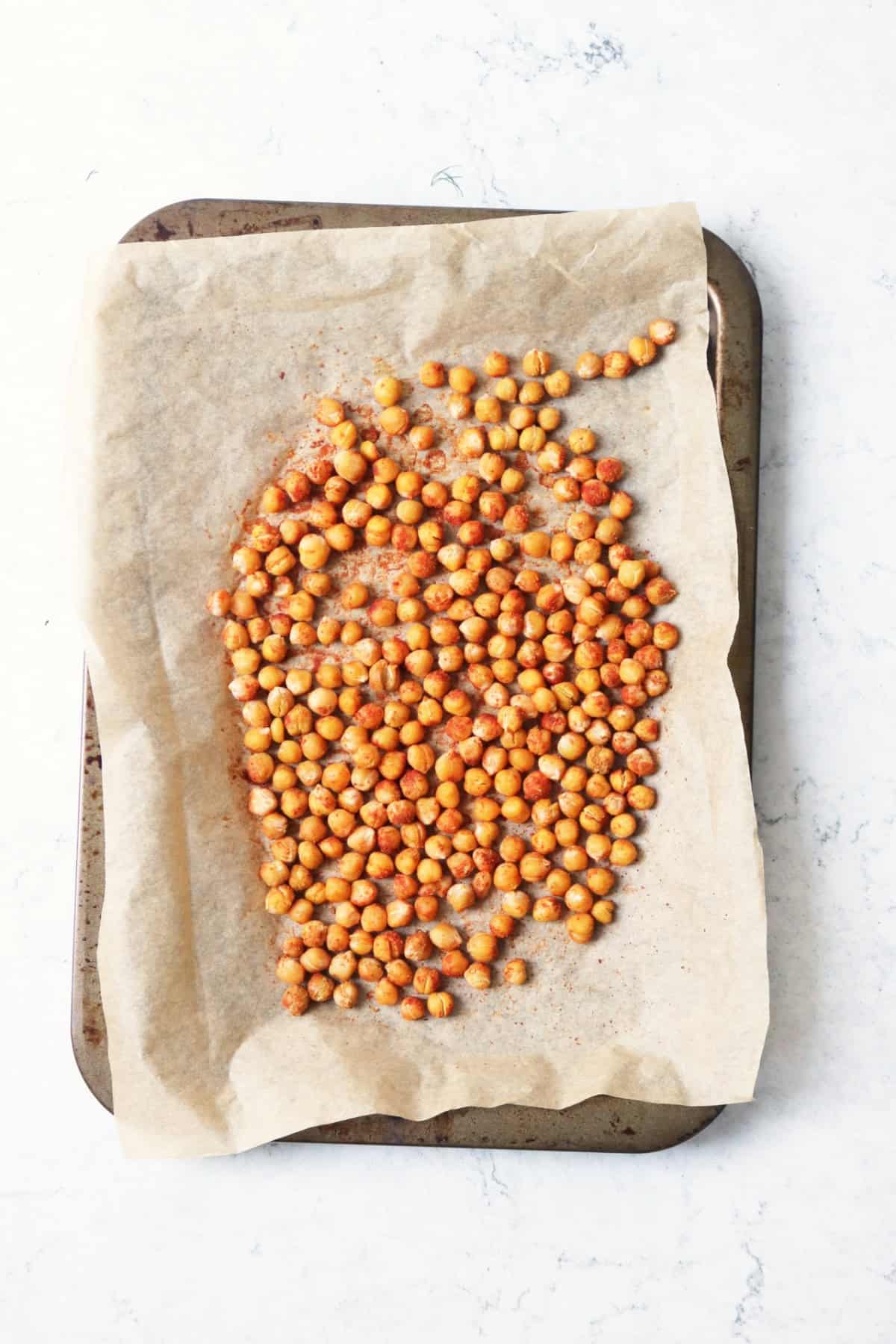 Crispy chickpeas on a baking tray