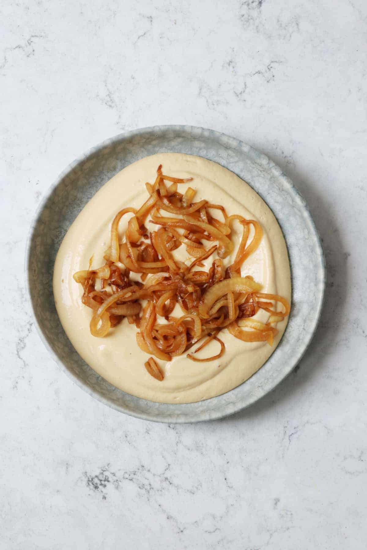 Vegan Caramelised Onion and Miso Dip topped with caramelised onions