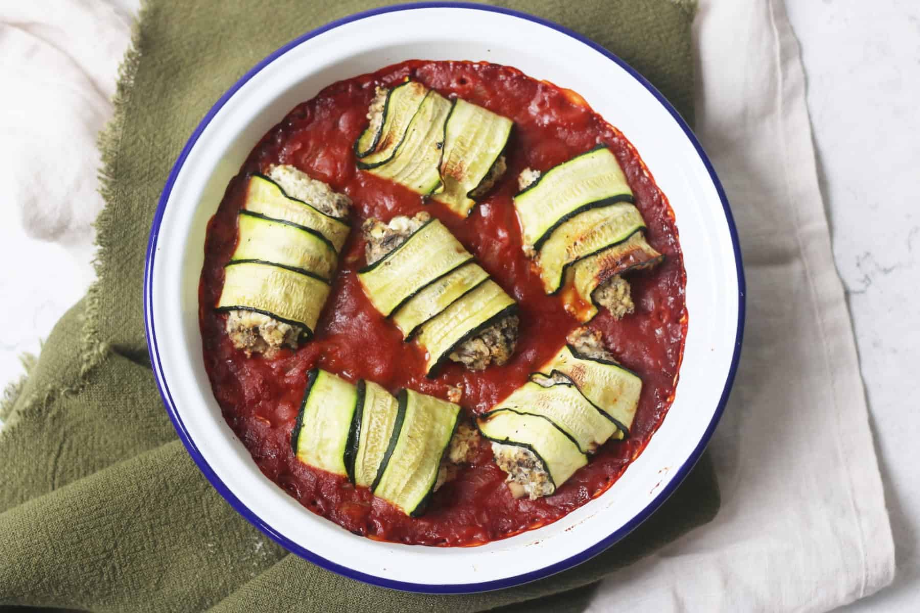 Vegan Courgette and Mushroom Involtini in an oven dish