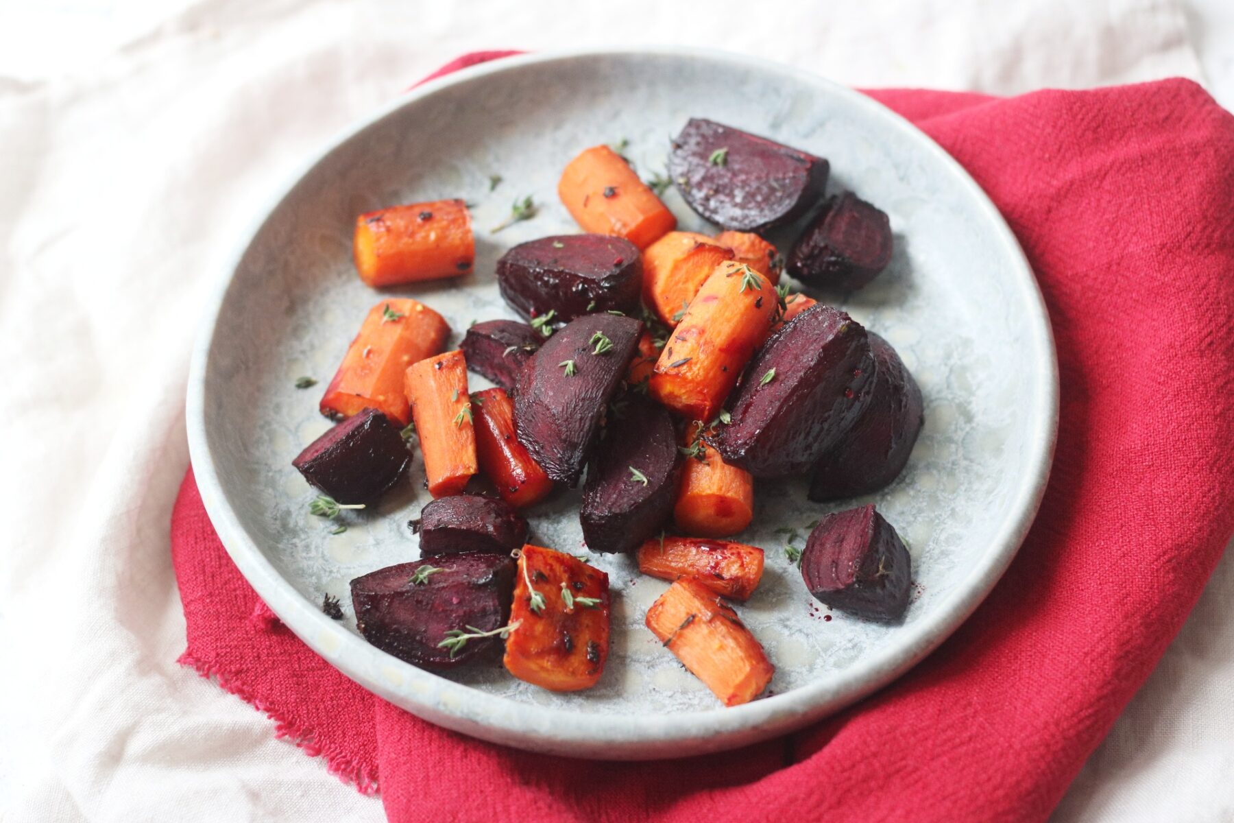 Roasted Beetroot and Carrots with Balsamic and a sprinkling of thyme leaves