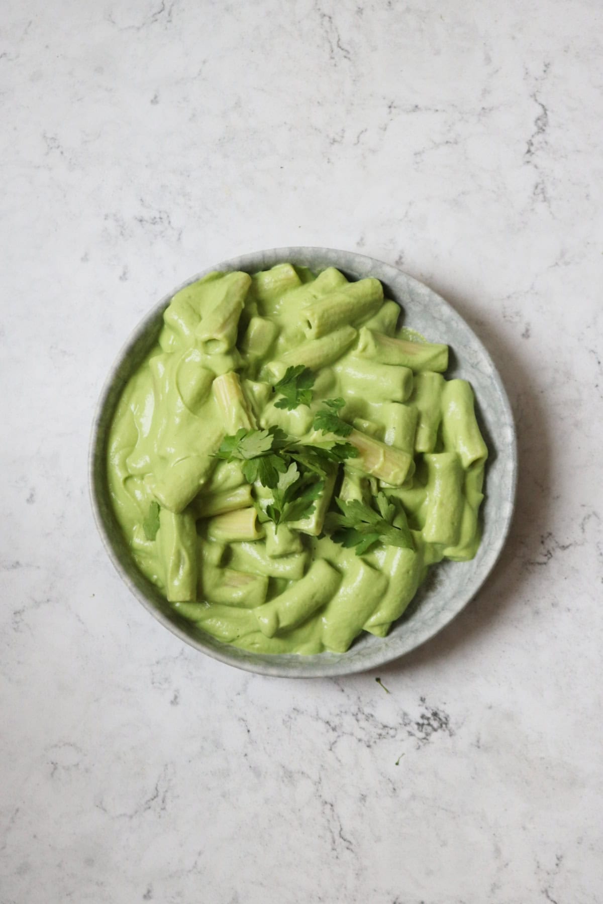 A plate of pasta made with Vegan Creamy Broccoli Pasta Sauce and garnished with parsley