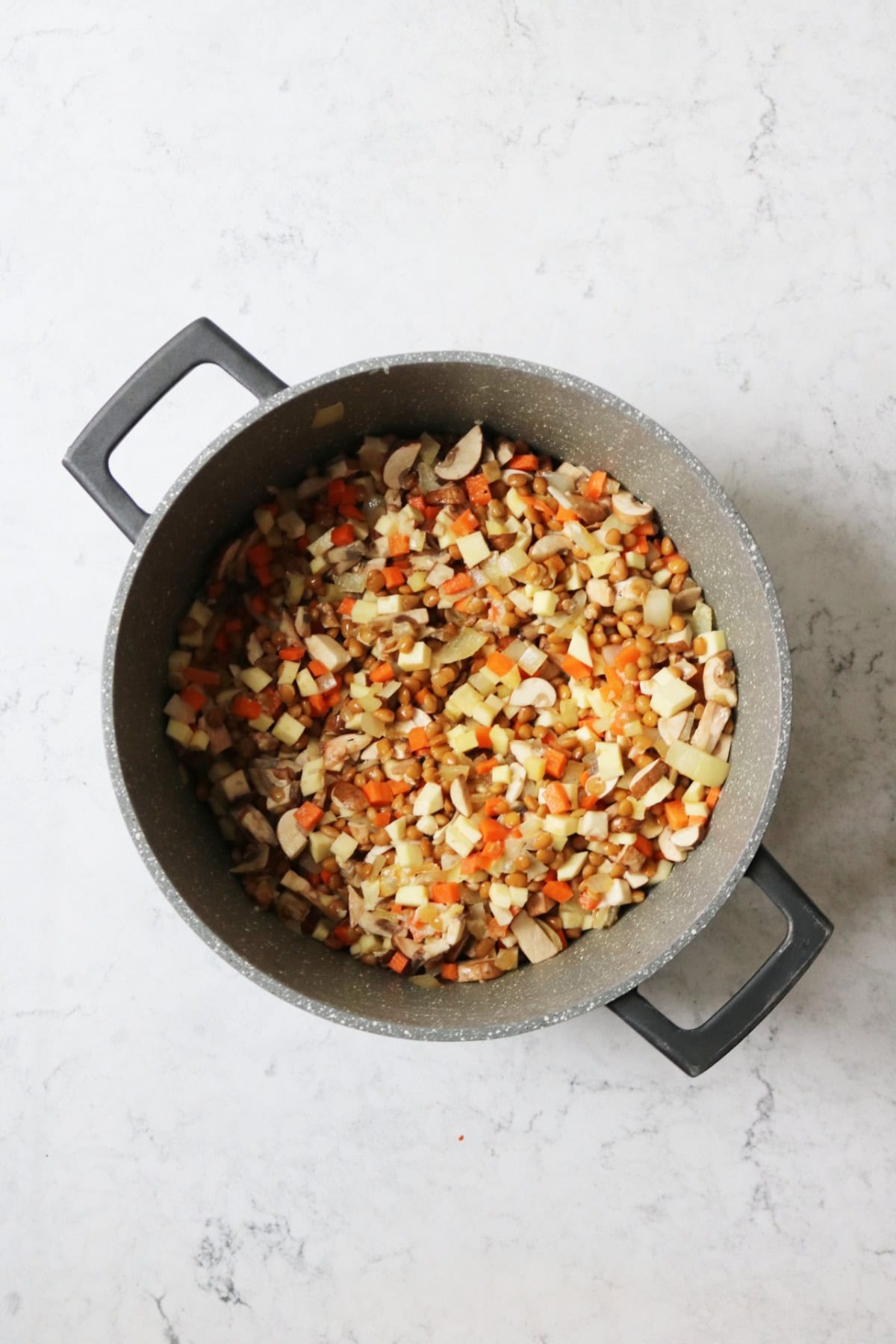 Frying diced onions, carrots, parsnips, mushrooms and green lentils for a Vegan Lancashire Hot Pot